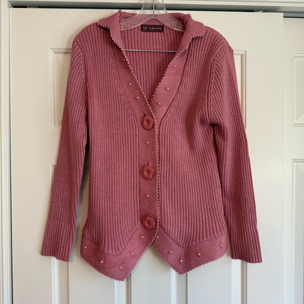 Jaiyou Pink Cardigan Cable Knit Sweater With Buttons - Size S/M with Pearls